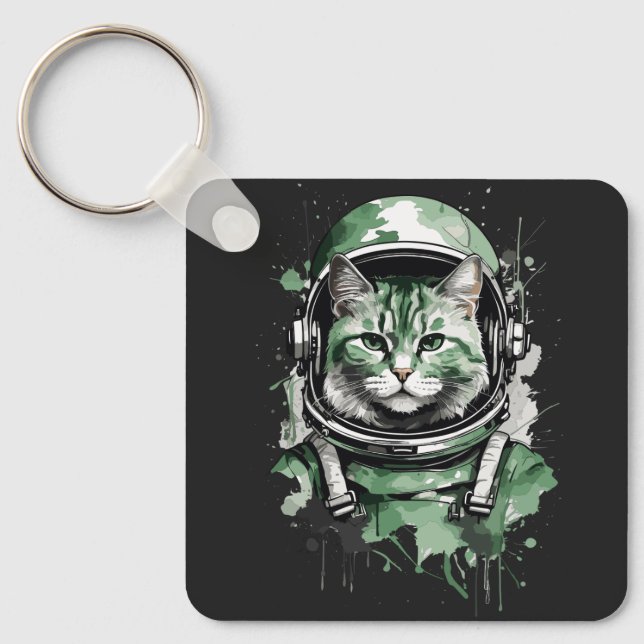 Grüner Astronautenkatze Schlüsselanhänger (Vorderseite)