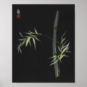 Grüner Bambus auf schwarzem chinesischen Pinsel-Ku Poster