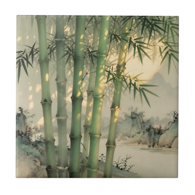 Grüner Bambuswald Chinesische Tinte Fliese (Vorderseite)