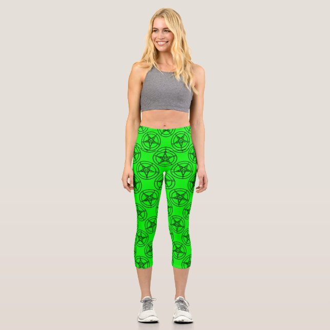 Grüner Baphomet-Pentagramm Capri Leggings (Vorderseite)