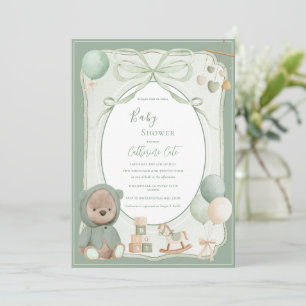 Grüner Bär mit Spielzeug Vintage Babyparty Einladung