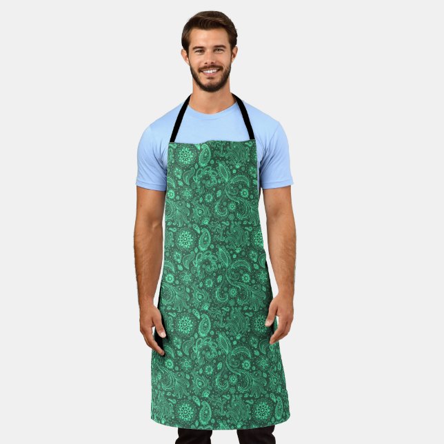 Grüner Batik-Boho-Stil floral Paisley-Muster Schürze (Getragen)