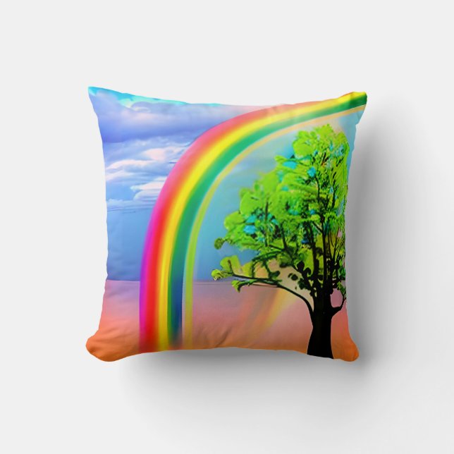 Grüner Baum unter einem Regenbogen Kissen (Vorderseite)