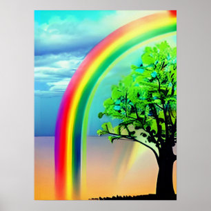 Grüner Baum unter einem Regenbogen Poster