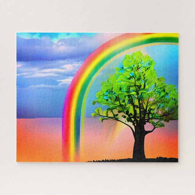 Grüner Baum unter einem Regenbogen Puzzle (Horizontal)