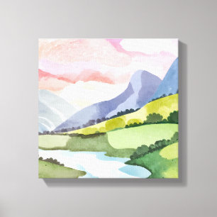 Grüner Berghang Sonnenaufgang   Aquarell Leinwanddruck