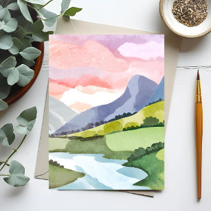 Grüner Berghang Sonnenaufgang Aquarell Postkarte