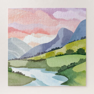 Grüner Berghang Sonnenaufgang   Aquarell Puzzle