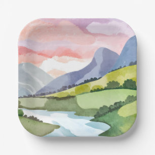 Grüner Berghang Sonnenaufgang Aquarellmalerei Pappteller