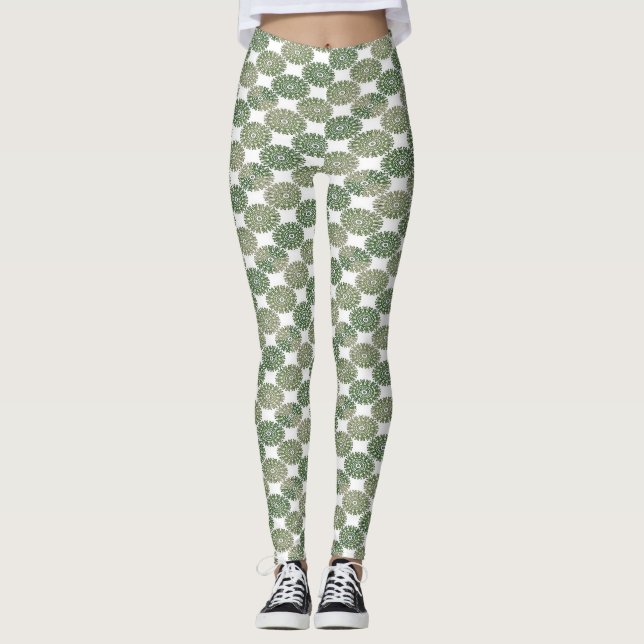 Grüner Blumendamast in Weiß Leggings (Vorderseite)
