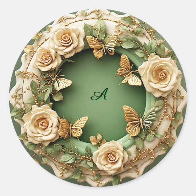 Grüner Blumenrahmen mit rosa Rosen Runder Aufkleber (Vorderseite)