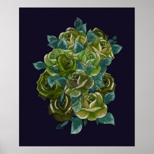 Grüner Blumenstrauß, Marineblau, exotische Rose Poster