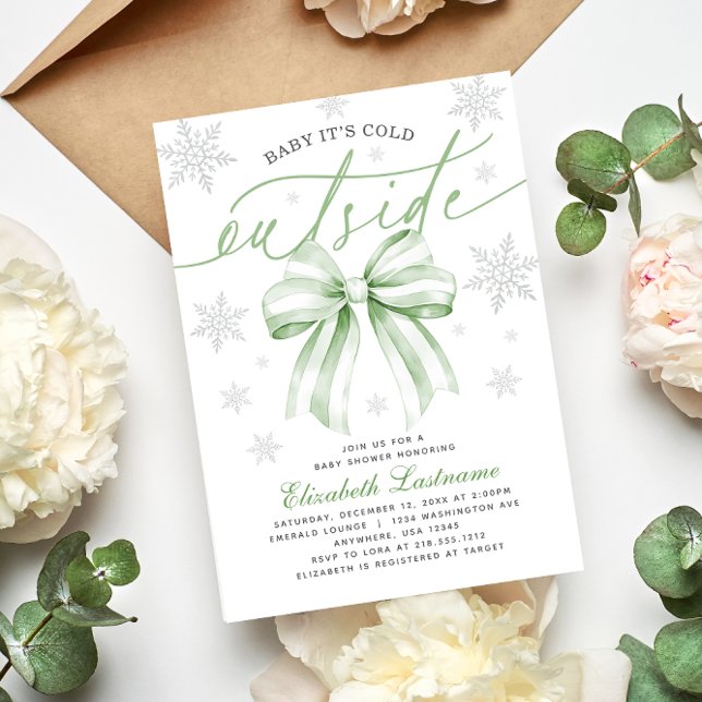 Grüner Bogen Baby, es ist kalt draußen Winter-Baby Einladung (Baby Its Cold Outside Coquette Green Bow Birthday Invitation
#winterbabyshower
#genderneutralshower)