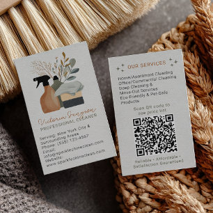 Grüner Boho-Reinigungsdienst-Maid-QR-Code Visitenkarte