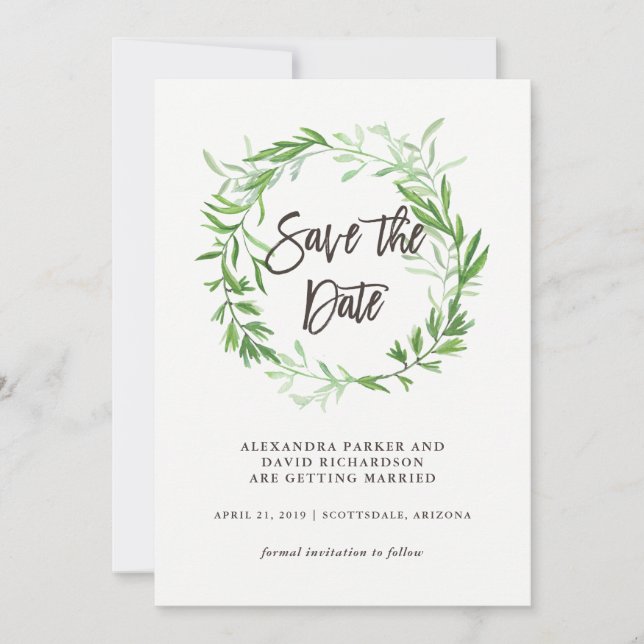 Grüner botanischer Blätterkranz Save-the-Date Save The Date (Vorderseite)