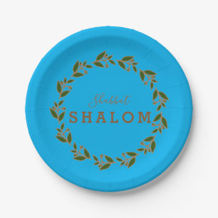 Grüner brauner Kranz, Shabbat Shalom Aquarell  Pappteller