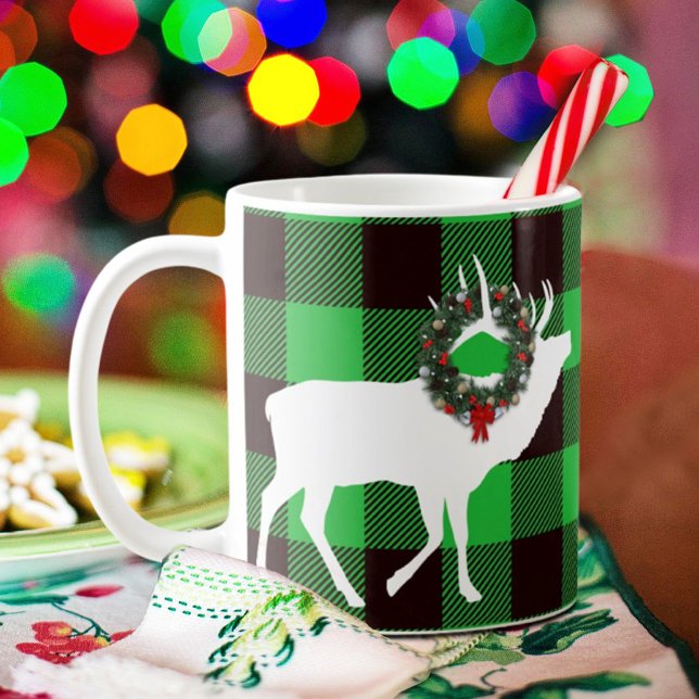 Grüner Büffel-Kariert-Elch-Weihnachtskranz Kaffeetasse (Von Creator hochgeladen)