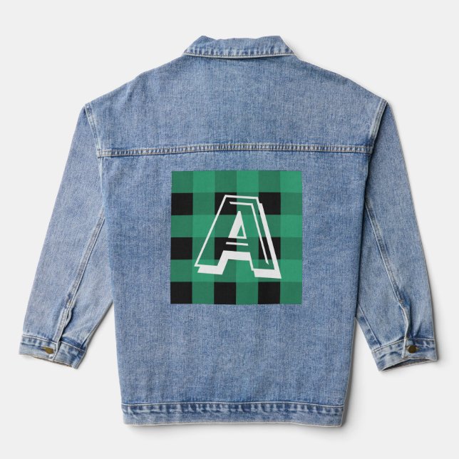 Grüner Büffel-Karo-Muster mit Monogramm Jeansjacke (Rückseite)