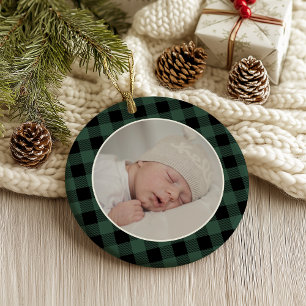 GRÜNER BÜFFEL-KARO-NAME Foto-Weihnachtsandenken Ornament