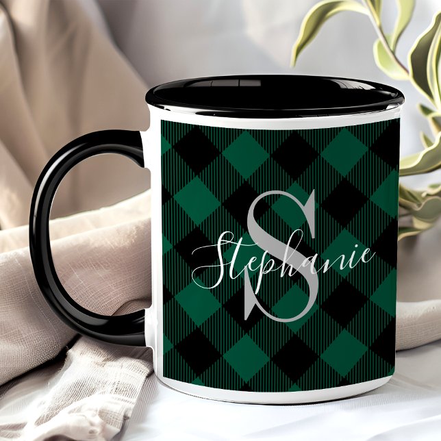 Grüner Büffel-Karo-Rustikale Monogramm-Name Tasse (Von Creator hochgeladen)