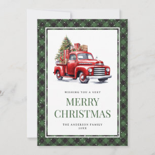 Grüner Büffel-Karo-Wasserfarben-Rot-LKW-Weihnachte Feiertagskarte