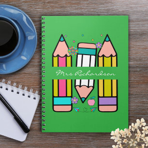 Grüner Bunter Lehrer Name Bleistift Cartoon Notizblock