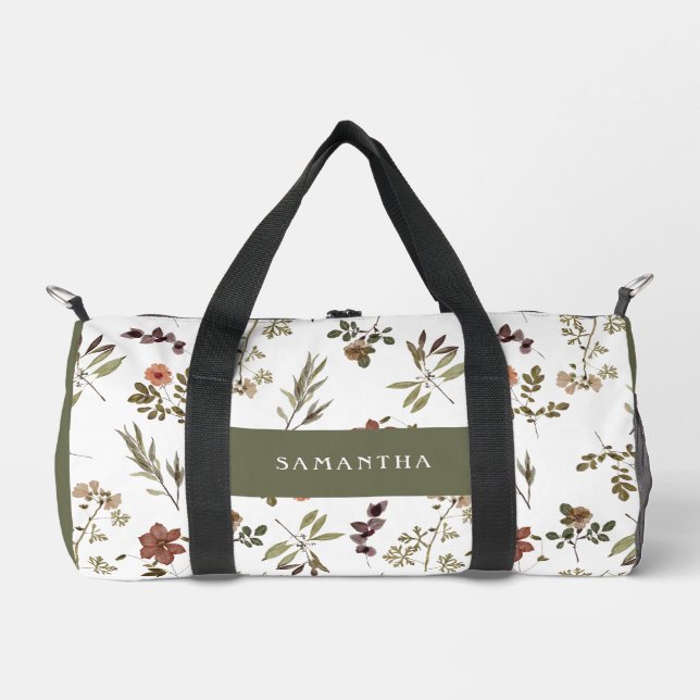 Grüner Burgunder-Wildblumen-Monogramm-Name Duffle Bag (Vorderseite)