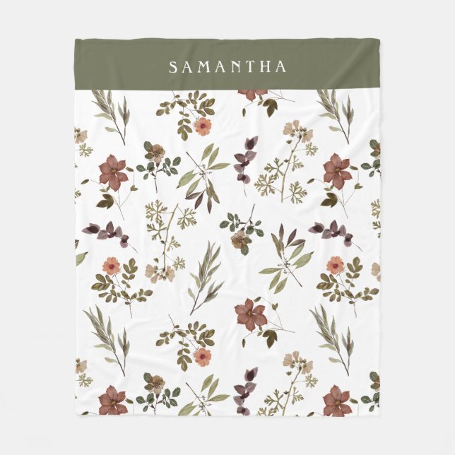 Grüner Burgunder-Wildblumen-Monogramm-Name Fleecedecke (Vorderseite)