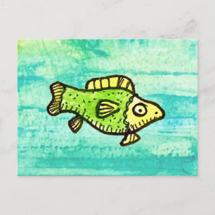 Grüner Cartoon-Fisch im Wasser Postkarte