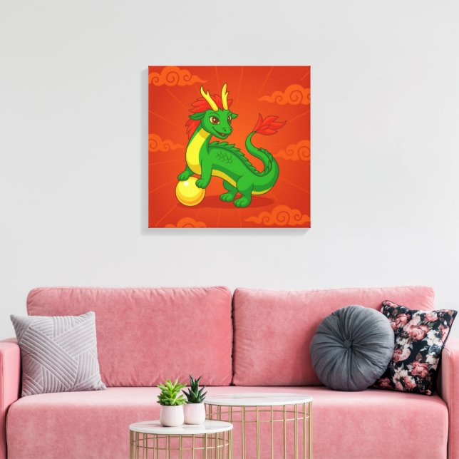 Grüner chinesischer Drache auf Rot Leinwanddruck (Insitu (Wohnzimmer))