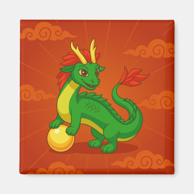 Grüner chinesischer Drache auf Rot Magnet (Vorne)