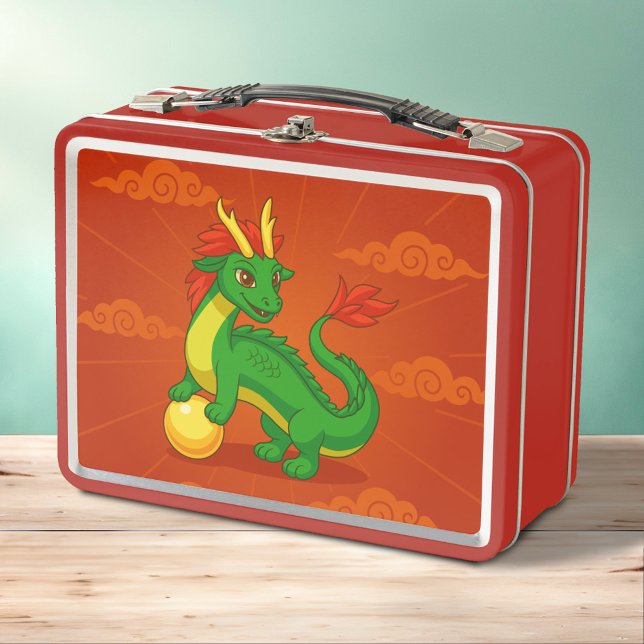 Grüner chinesischer Drache auf Rot Metall Brotdose (Von Creator hochgeladen)