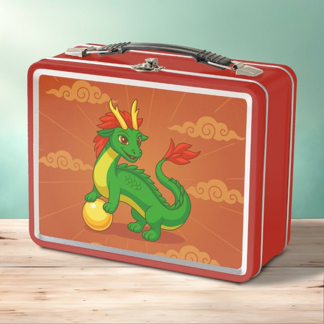 Grüner chinesischer Drache auf Rot Metall Brotdose (Von Creator hochgeladen)
