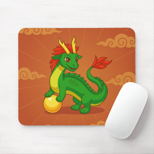 Grüner chinesischer Drache auf Rot Mousepad (Mit Mouse)