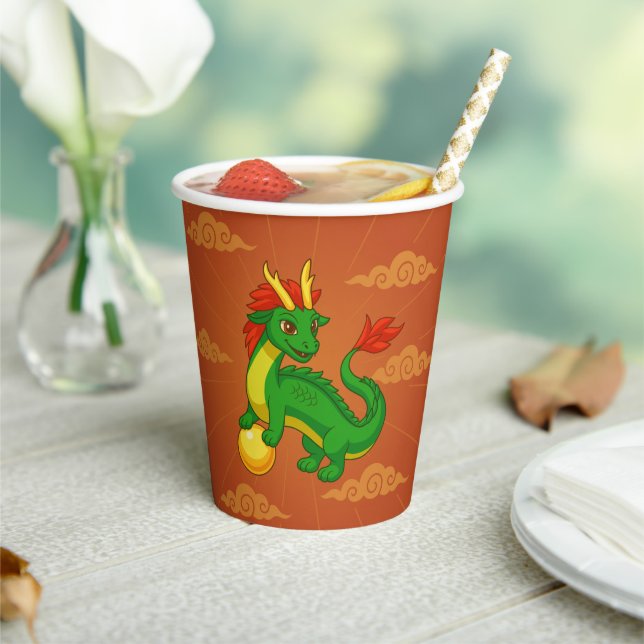Grüner chinesischer Drache auf Rot Pappbecher (In Situ)