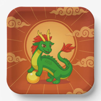 Grüner chinesischer Drache auf Rot Pappteller