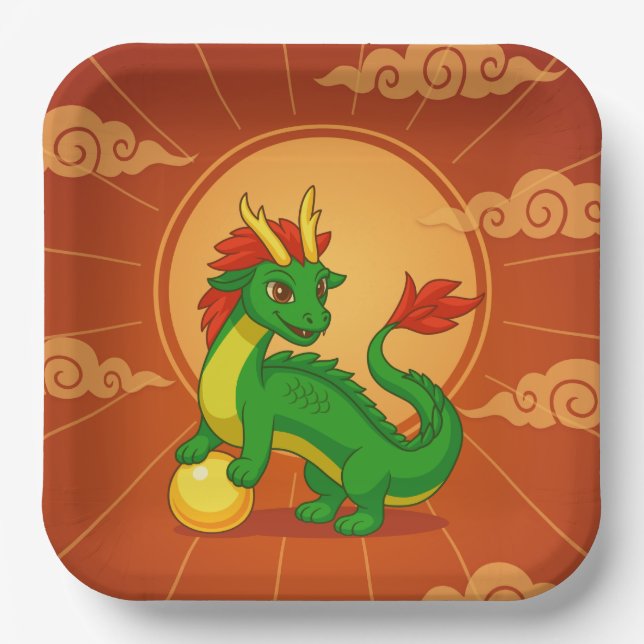 Grüner chinesischer Drache auf Rot Pappteller (Vorderseite)