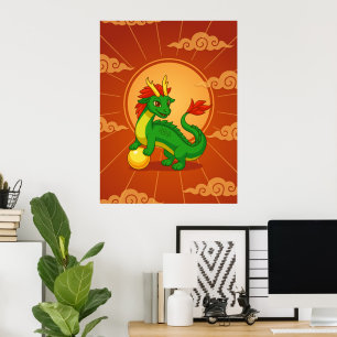 Grüner chinesischer Drache auf Rot Poster