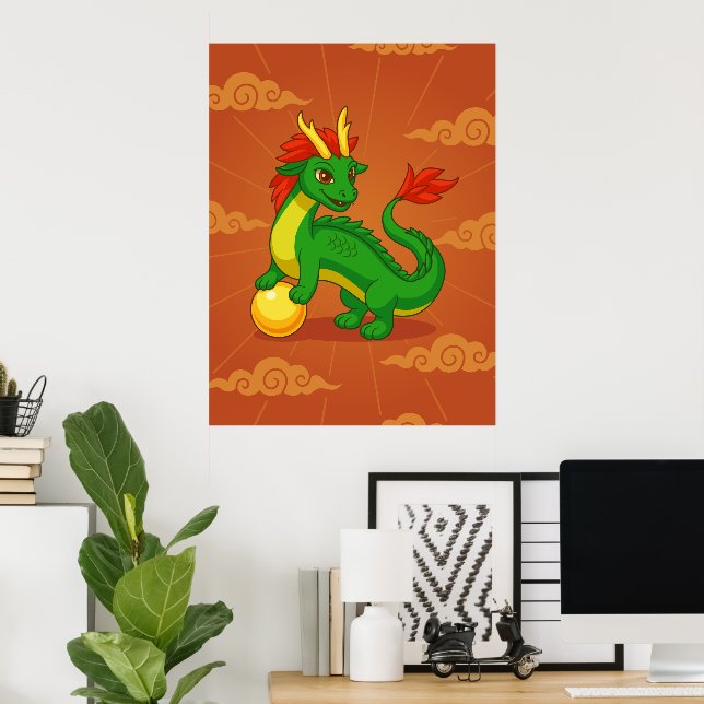 Grüner chinesischer Drache auf Rot Poster (Heimbüro)