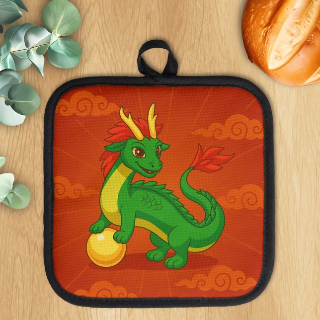Grüner chinesischer Drache auf Rot Topflappen (Von Creator hochgeladen)