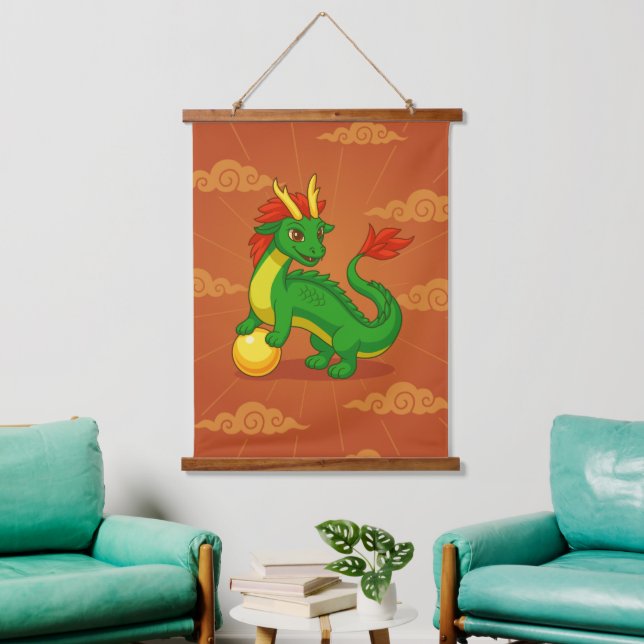 Grüner chinesischer Drache auf Rot Wandteppich Mit Holzrahmen (Wohnzimmer)