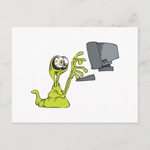 grüner Computer tippt außerirdisches Monster Blob Postkarte