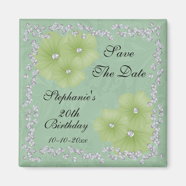 Grüner Damast u. Blumen-20. Geburtstag Magnet (Vorne)