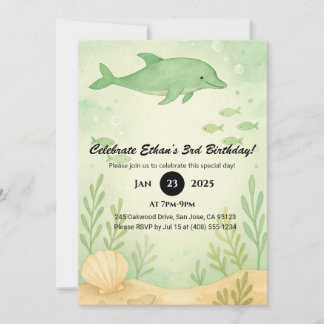 Grüner Delfin & Unterwasser-Garten Geburtstag  Einladung
