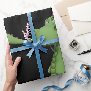 Grüner Dinosaurier-Charakter mit lila Stacheln Geschenkpapier