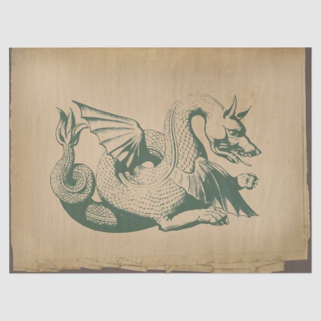 Grüner Drache auf decoupierter, hellbrauner, abgen Seidenpapier (Vorderseite)