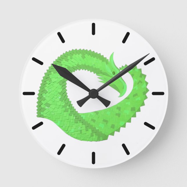 Grüner Drache auf Weiß Runde Wanduhr (Vorderseite)
