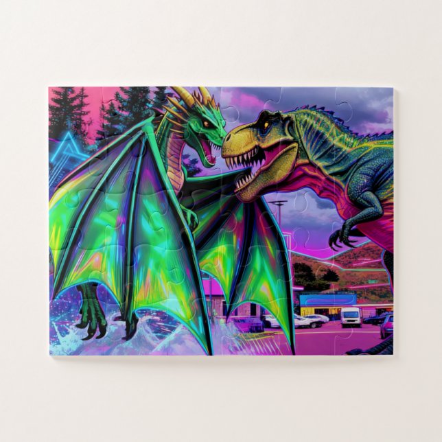 Grüner Drache gegen Dinosaurier Puzzle (Horizontal)