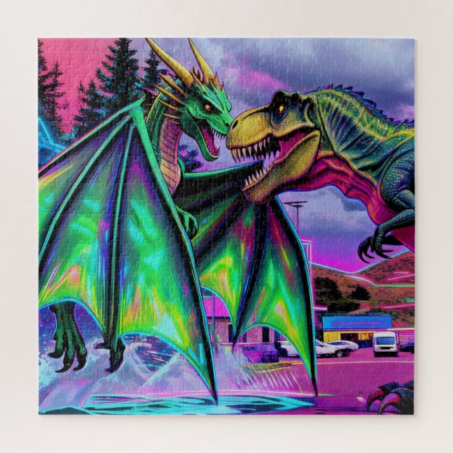 Grüner Drache gegen Dinosaurier Puzzle (Vertikal)
