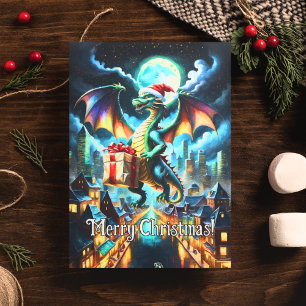 Grüner Drache liefert Weihnachtsgeschenke Postkarte